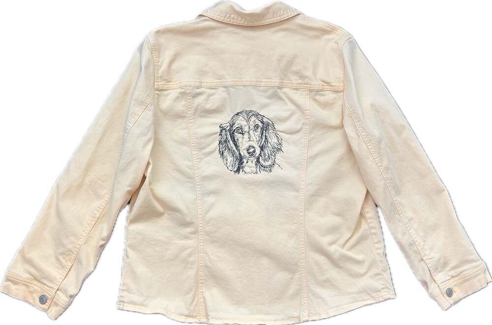 Chico's Butter Yellow Twill Jacket with Embroidered Spaniel Dog Graphic
